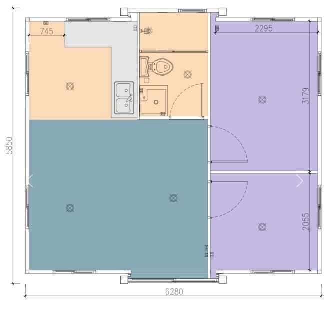 Casa mobile prefabbricata 36mq, con bagno completo e due camere da letto box